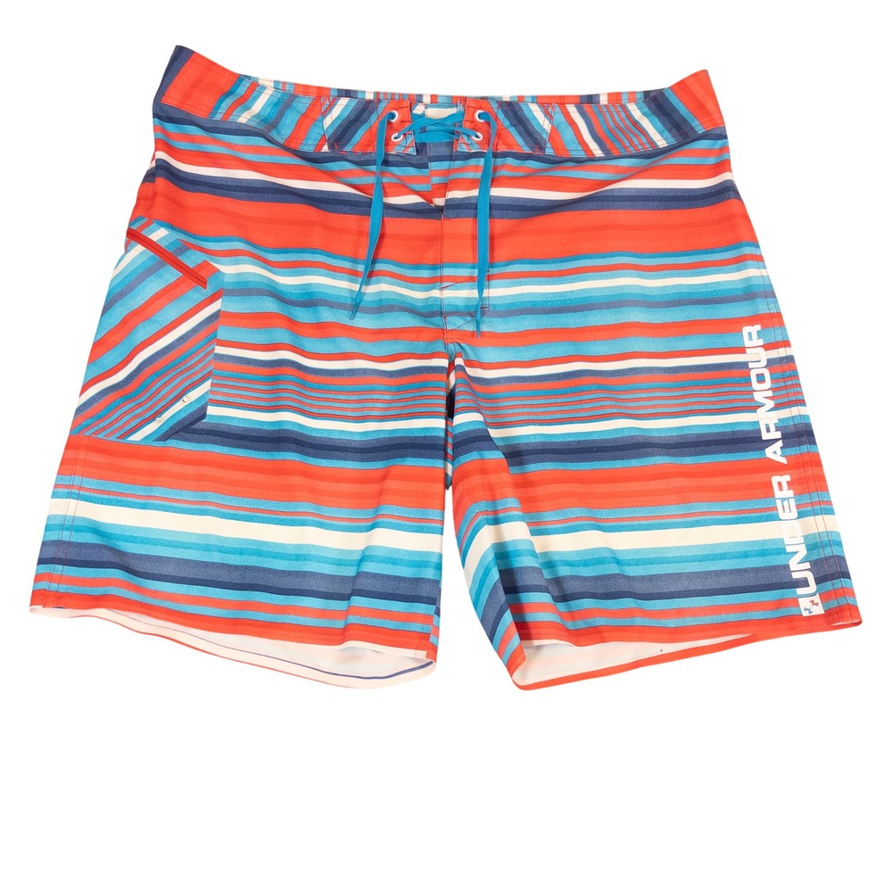 Under Armour Mens Size 42 HeatGear Blue Orange Striped Swim Trunks Board Shorts